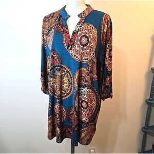 Beautiful Women's Tunic Top Plus Size 2X Teal w Orange Mandala Circles Roll-Tab